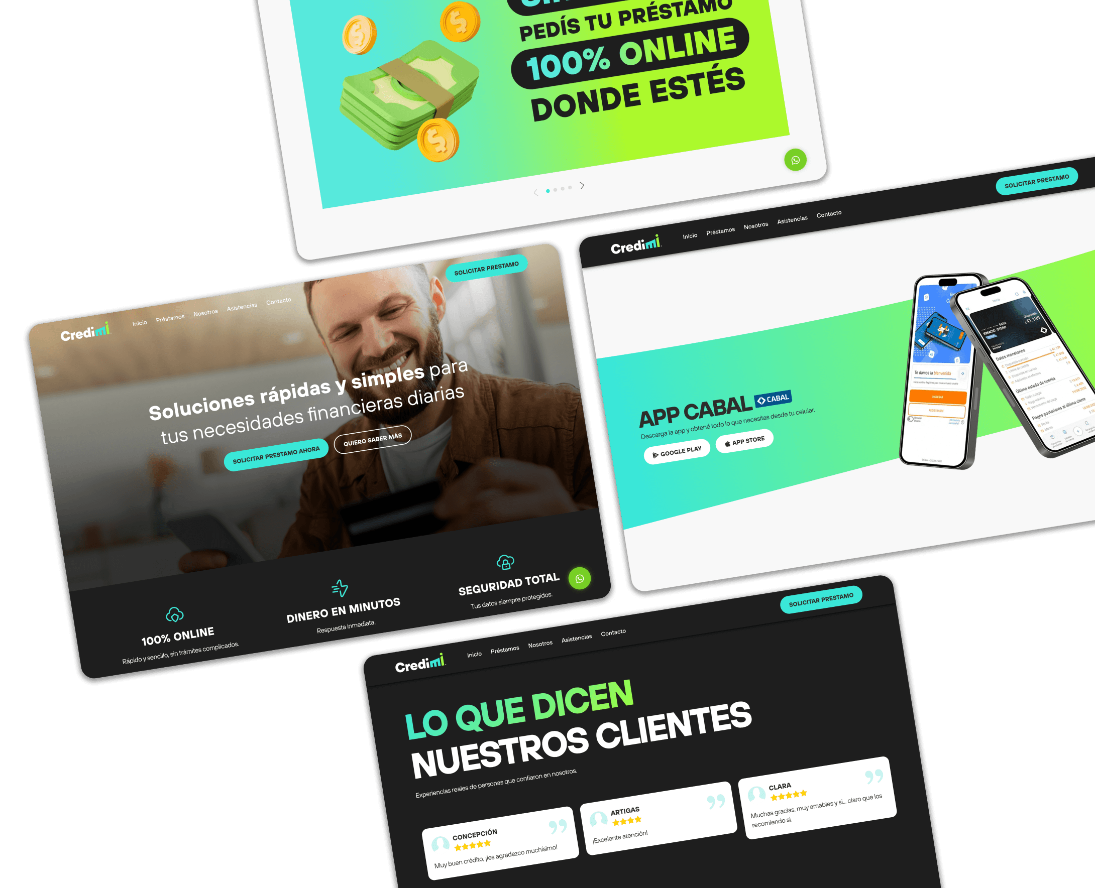 Capturas del sitio web de CrediMi mostrando nuestras habilidades de desarrollo web
