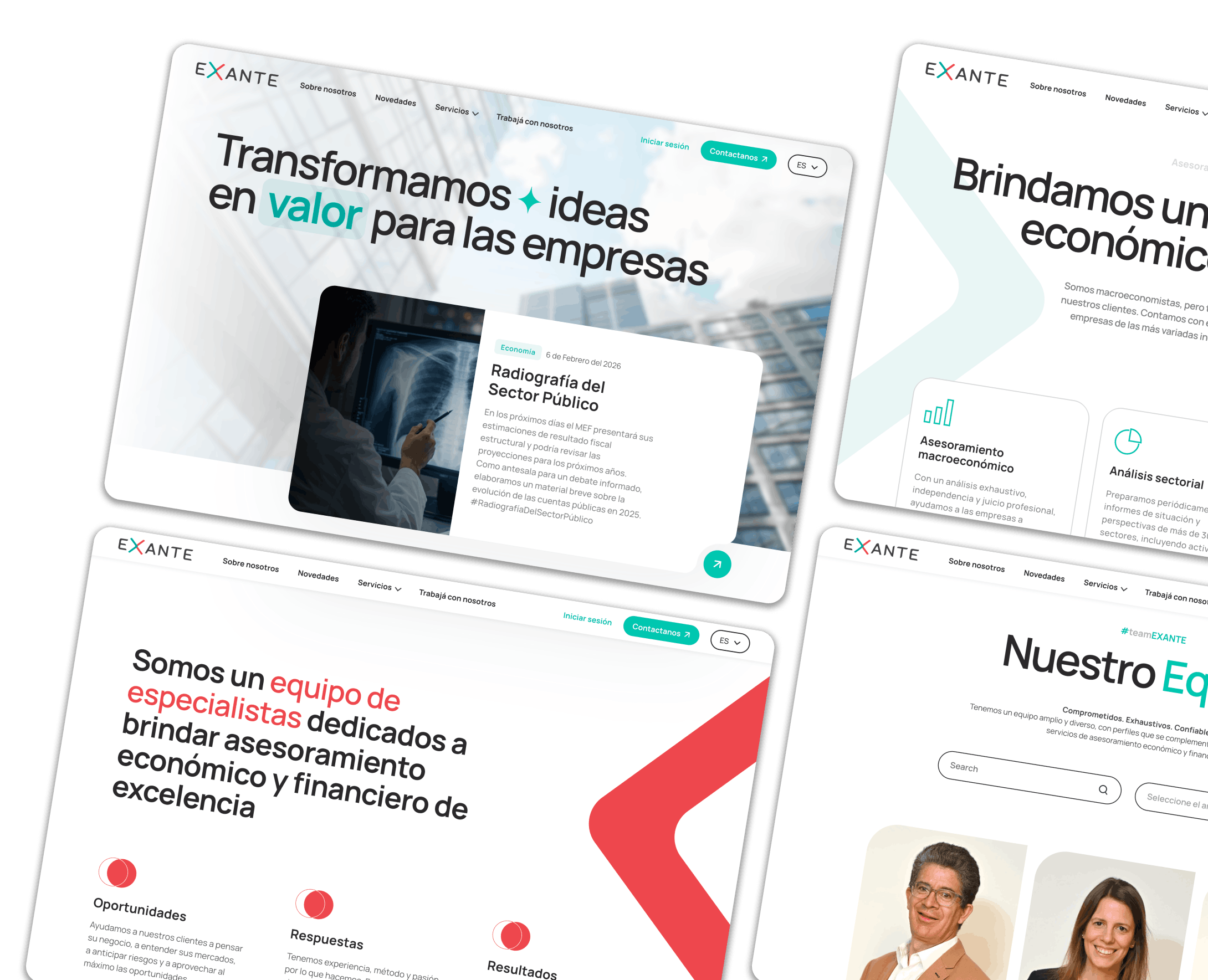 Capturas del sitio web de Exante mostrando nuestras habilidades de desarrollo web