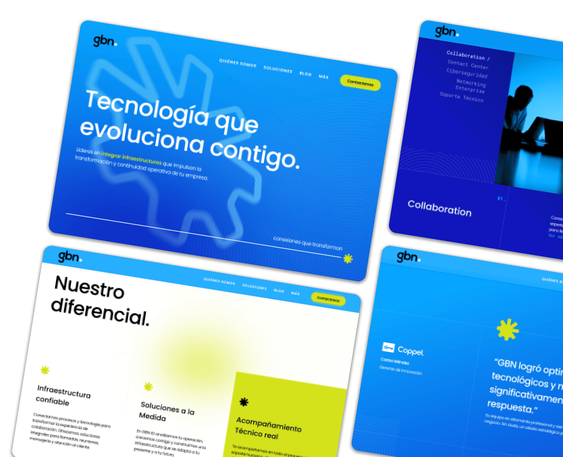 Capturas del sitio web de GBN mostrando nuestras habilidades de desarrollo web