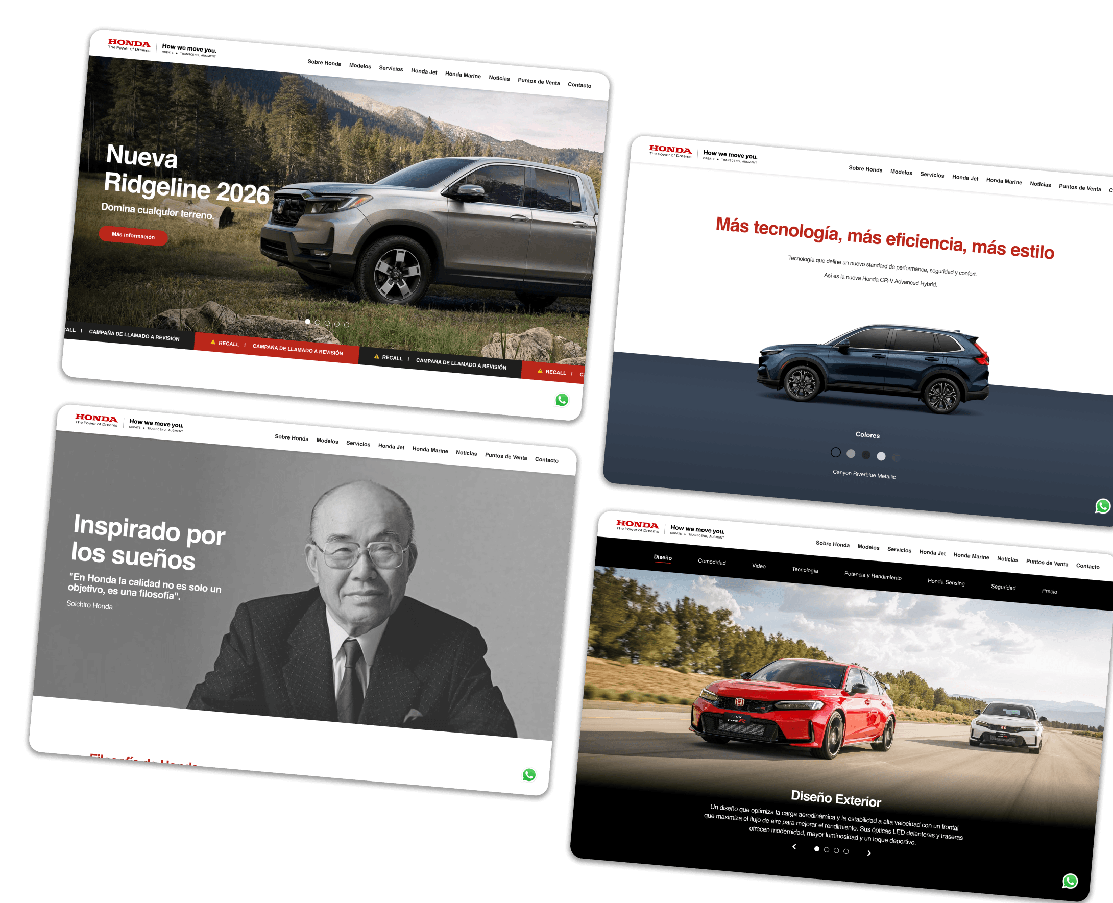 Capturas del sitio web de Honda mostrando nuestras habilidades de desarrollo web